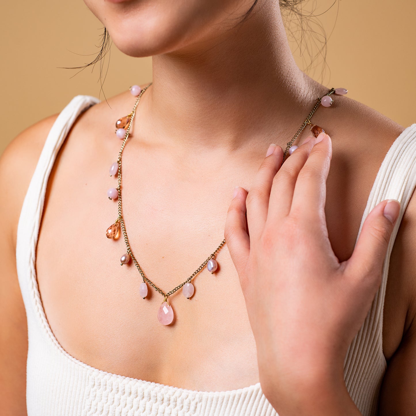 Rosa Rose Quartz and Pearl Charm Necklace